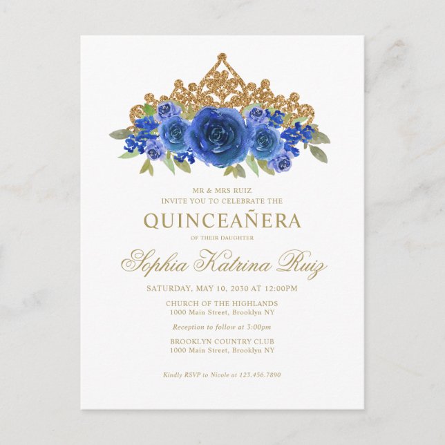 Classic Floral Royal Blue Gold Tiara Quinceañera Postcard (Front)