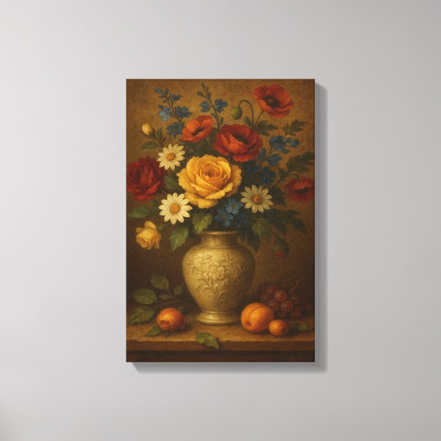 Classic Floral Still Life with Vase and Fruit Canvas Print (Front)