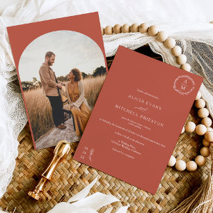 Classic floral terracotta monogram wedding arch invitation