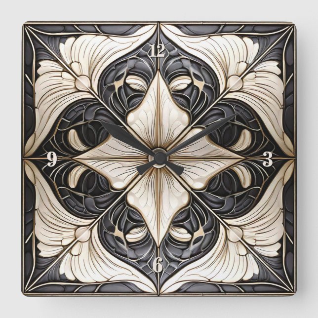 Classic Floral Tile Pat#11 Black Ivory Wht ID1078 Square Wall Clock (Front)