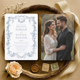 Classic Floral Victorian French Dusty Blue Wedding Invitation