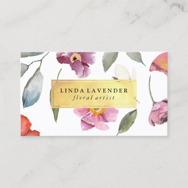 Classic Floral Watercolor Foil Business Card (Front)