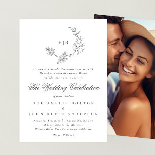 Classic Floral Wreath Monogram Photo Wedding Invitation