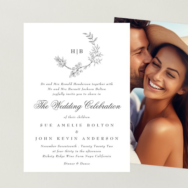 Classic Floral Wreath Monogram Photo Wedding Invitation (Creator Uploaded)