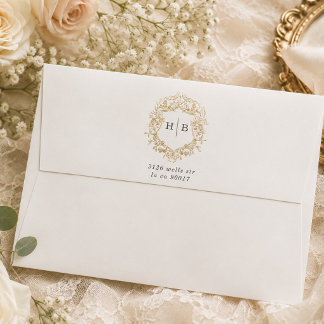 Classic Floral Wreath Monogram Wedding Envelope