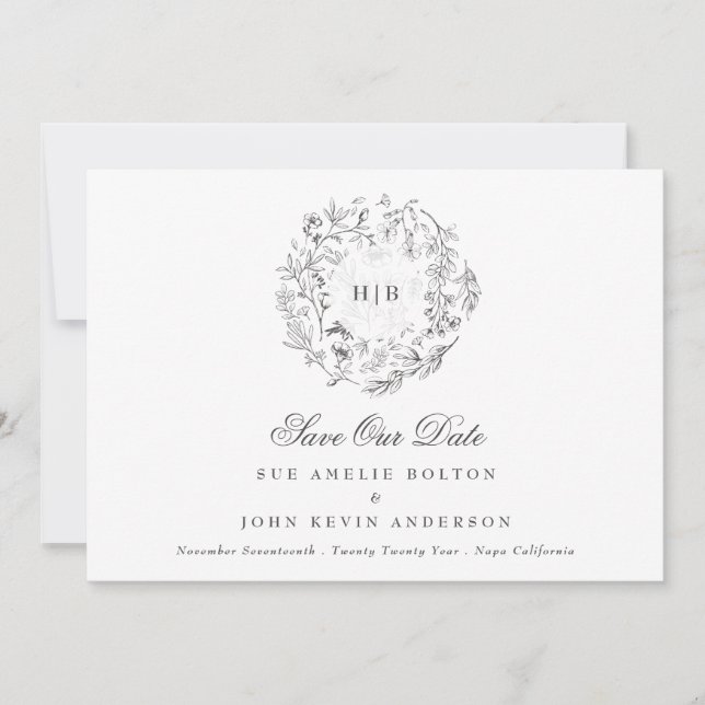 Classic Floral Wreath Monogram Wedding Photo Save The Date (Front)