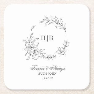 Classic Floral Wreath Monogram Wedding Square Paper Coaster