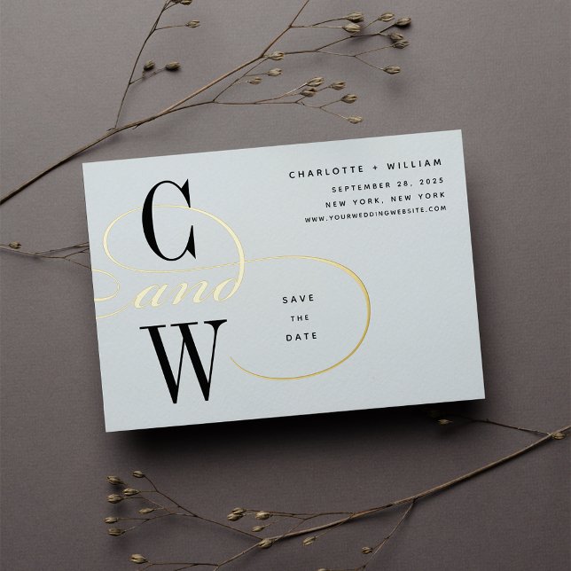 Classic Flourish Foil Monogram Save the Date Card (Creator Uploaded)