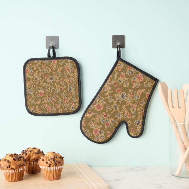 Classic Flower Chintz Pretty Soft Floral Design Oven Mitt & Pot Holder Set (Insitu(Hanging))