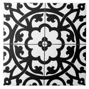 Classic Flower Line Art Floral Black & White Tile