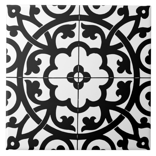Classic Flower Line Art Floral Black & White Tile (Front)