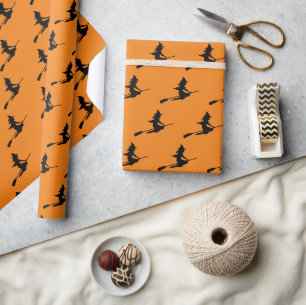 Classic Flying Witch on Broom Black and Orange Wrapping Paper