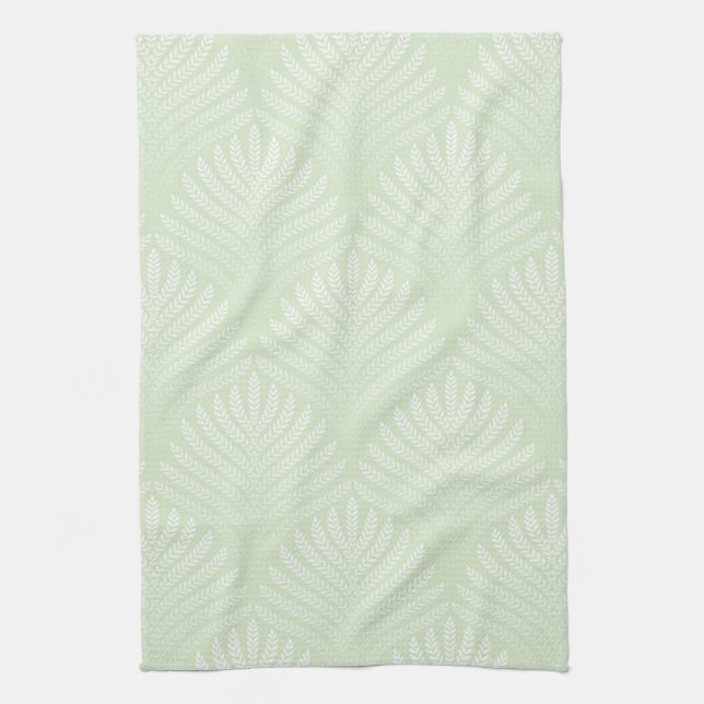 Classic foliage pattern in white and green tea towel (Vertical)