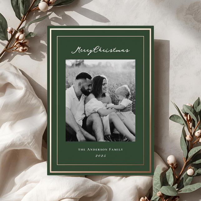 Classic Forest Green and Gold Frame Family Photo Foil Holiday Card (Creator Uploaded)