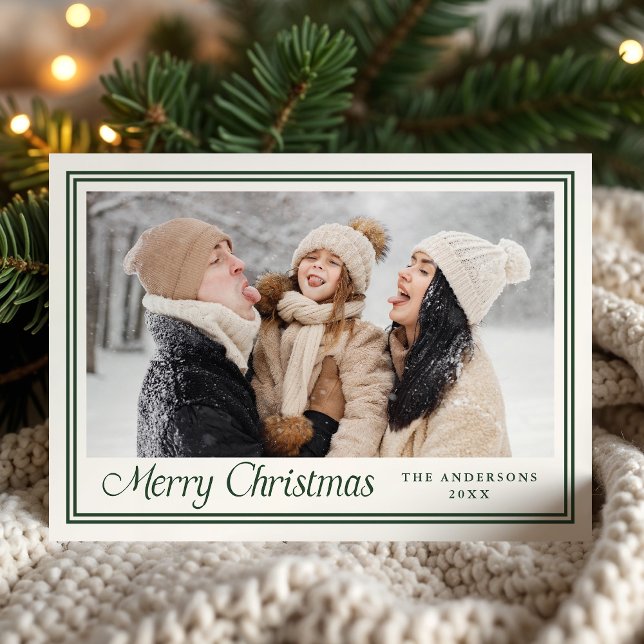 Classic Forest Green Border Merry Christmas Photo Holiday Card (Creator Uploaded)