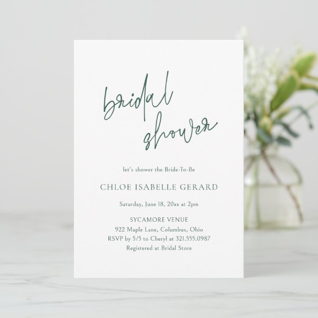 Classic Forest Green Elegant Bridal Shower Invitation (Standing Front)
