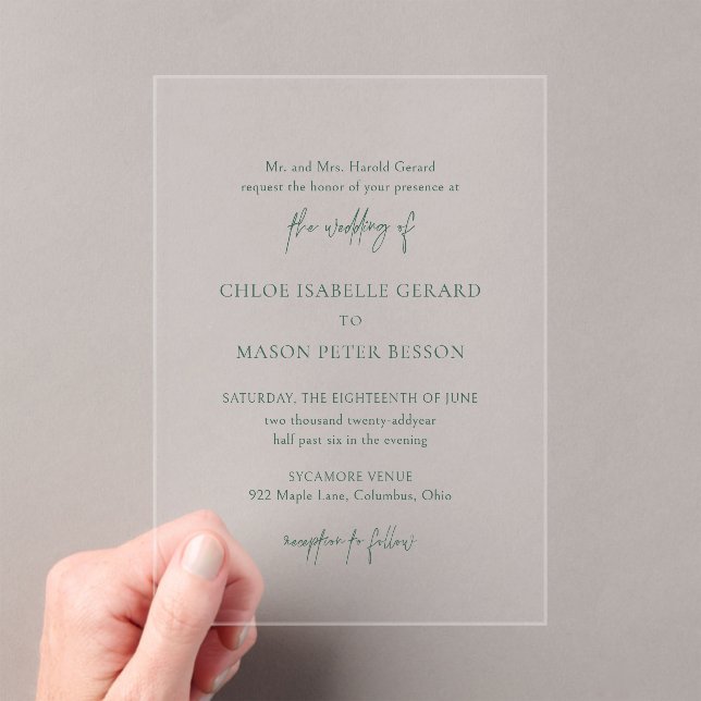 Classic Forest Green Elegant Wedding Acrylic Invitations (Insitu (Handheld))