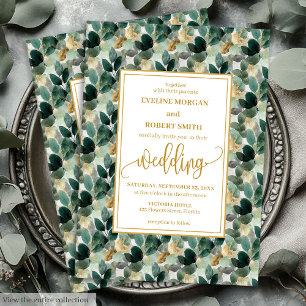 Classic Forest Green Gold Foliage Wedding Invites