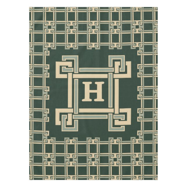 Classic Forest Green Greek Key Monogram Tablecloth (Front)