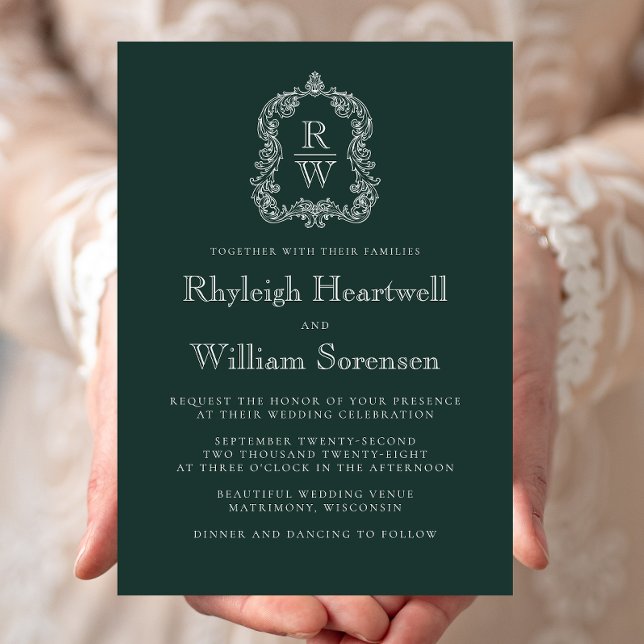 Classic Forest Green Monogram Crest Wedding Invitation (Creator Uploaded)
