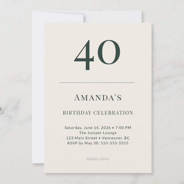 Classic Forest & Linen 40th Birthday Celebration Invitation (Front)