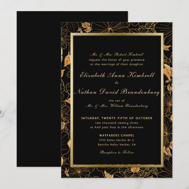 Classic Formal Black & Gold Floral Foliage Wedding Invitation (Front/Back)