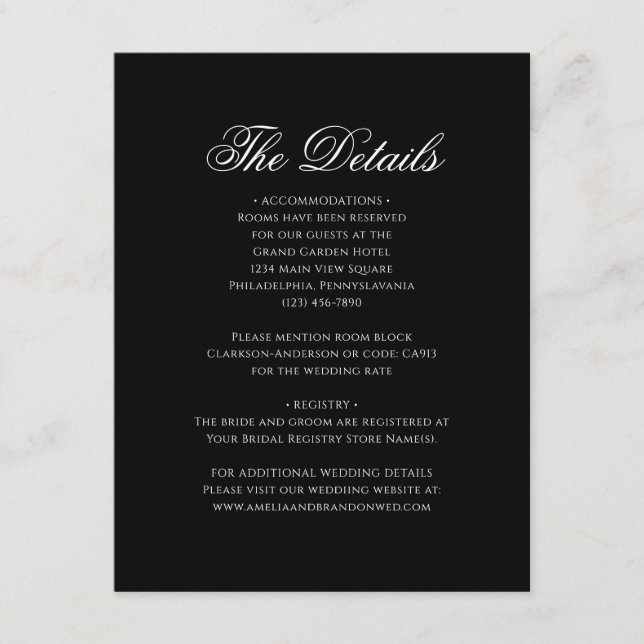 Classic Formal Black Monogram Wedding Details Enclosure Card (Front)