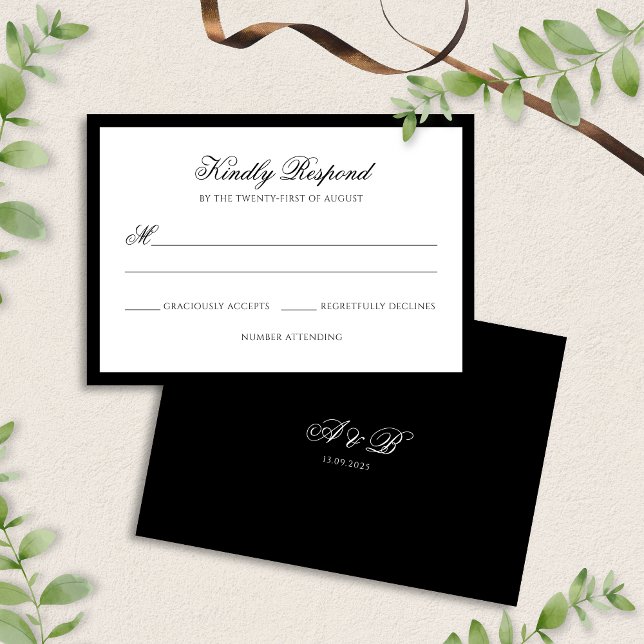 Classic Formal Black & White Border Script Wedding RSVP Card (Creator Uploaded)