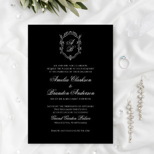 Classic Formal Black & White Crest Wedding Invitation