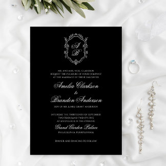 Classic Formal Black & White Crest Wedding Invitation