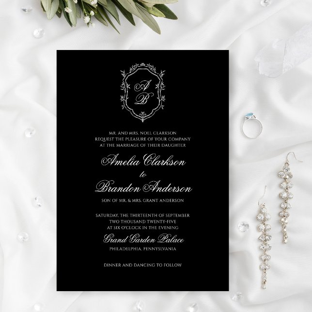 Classic Formal Black & White Crest Wedding Invitation (Creator Uploaded)