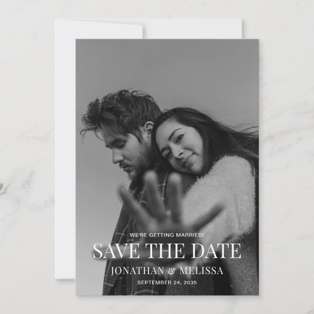 Classic Formal Black & White Overlay Photo Wedding Save The Date (Front)