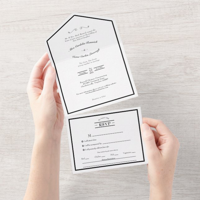 Classic Formal Black White Wedding Menu Choice All In One Invitation (Tearaway)