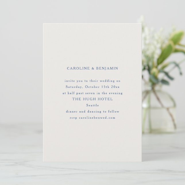 Classic Formal Blue and White Minimalist Wedding Invitation (Standing Front)