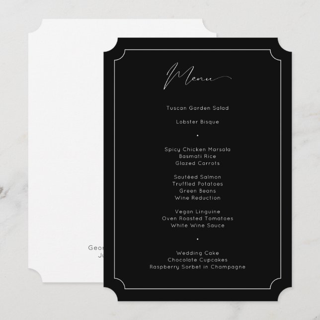 Classic Formal Calligraphy Solid Black Wedding Menu (Front/Back)