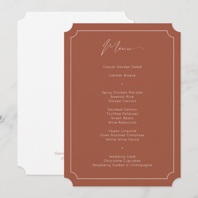 Classic Formal Calligraphy Terracotta Wedding Menu (Front/Back)