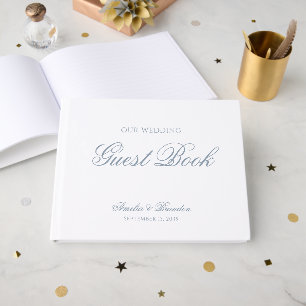Classic Formal Dusty Blue Script & White Wedding Guest Book