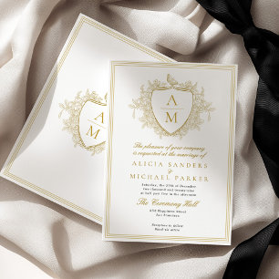 Classic formal elegant gold monogram crest wedding invitation