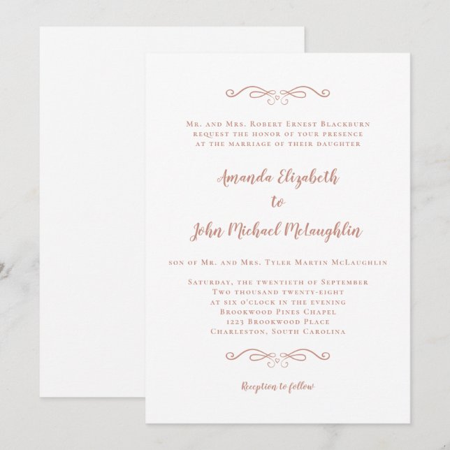 Classic Formal Elegant Rose Gold Pink Wedding Invitation (Front/Back)