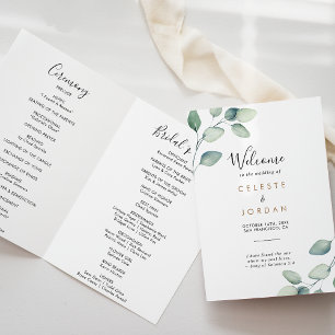 Classic Formal Green Leaves Folded Wedding  Programme