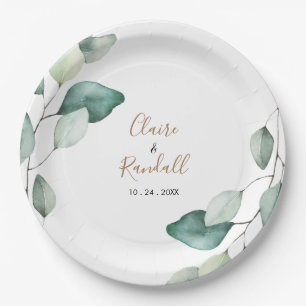 Classic Formal Green Leaves Wedding Paper Plate