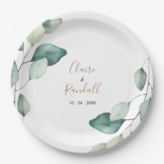 Classic Formal Green Leaves Wedding Paper Plate (Front)