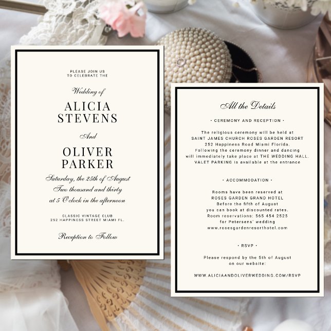 Classic formal minimal ivory black wedding invitation (Creator Uploaded)
