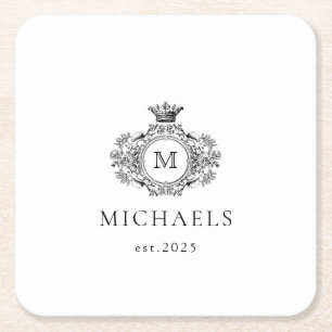 Classic Formal Monogram Crest Black and White  Square Paper Coaster