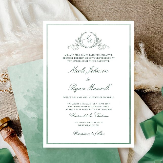 Classic Formal Monogram Green Watercolor Wedding Invitation (Creator Uploaded)