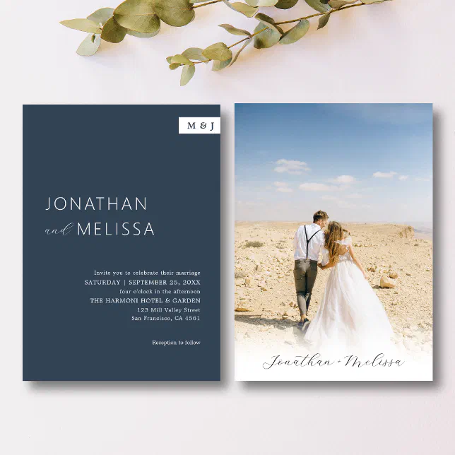 Classic Formal Navy Blue Monogram Script Wedding Invitation | Zazzle