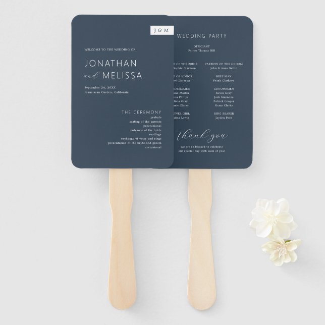 Classic Formal Navy Blue Monogram Wedding Program Hand Fan (Front and Back)