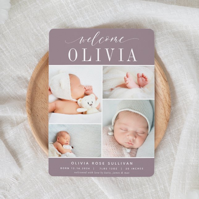 Classic Four | Photo Collage Birth Announcement (Creator Uploaded)