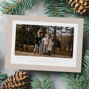 Classic frame neutral beige tweed Christmas photo Holiday Card