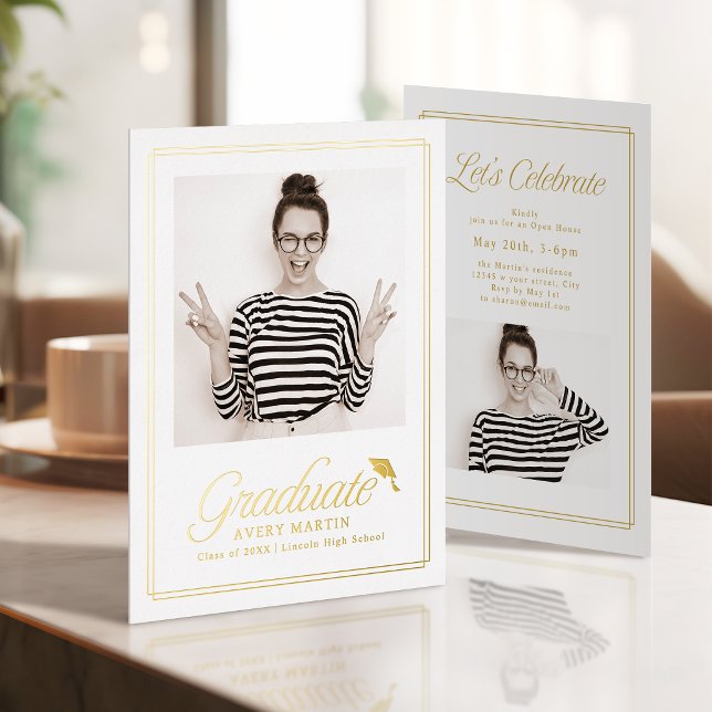 Classic Framed Elegant Script Photo Graduation (Classic Framed Elegant Script Photo Graduation Foil Invitation)